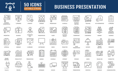Business presentation line editable  icon set. Containing seminar, sales presentation, keynote, meeting, whiteboard, conference and more. Vector Illustration