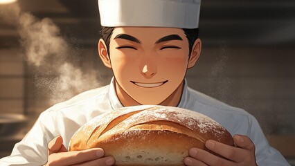 Smiling baker presents fresh bread indoors showcasing culinary expertise and artisanal baking skills