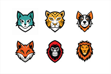 Fototapeta premium Wildlife Animal Mascot Logo Set – Cat, Cheetah, Dog, Fox, Gorilla, Lion – Vector Illustration