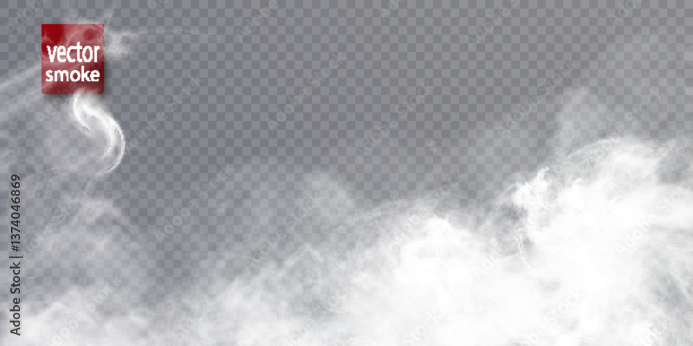 Poster Realistic white smoke effect on transparent background with soft swirls and fog density. Perfect for overlays, steam effects or atmospheric design elements. Vector