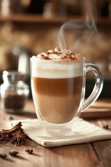 Warm cappuccino with whipped cream and cinnamon on rustic table.