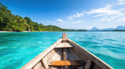 Fototapeta premium Capture the stunning coastline and turquoise waters as a tranquil boat rests at the forefront, inviting you to explore this tropical paradise and its natural beauty.