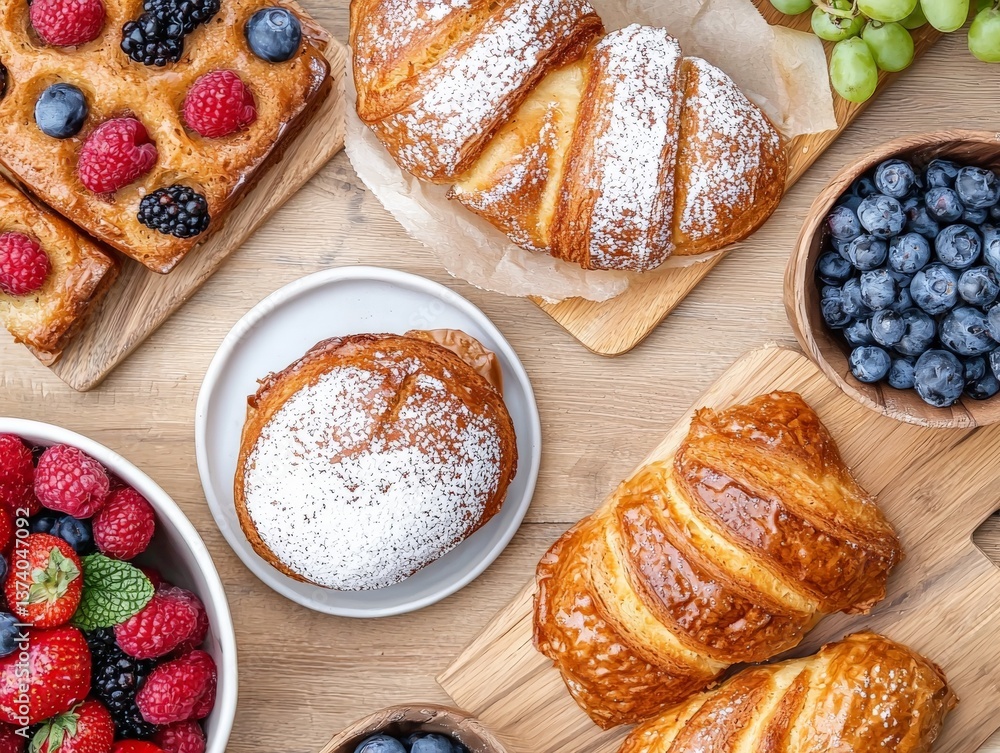 Poster overhead view of various small round berry tarts with whipped cream and fresh fruits arranged in nea