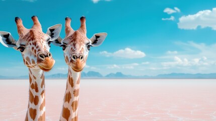 Naklejka premium Two charming giraffes appear to smile at the camera in a stunning desert landscape, showcasing their unique features and playful nature amid captivating scenery.