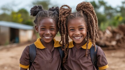 Two best friends with playful hairstyles smile happily, representing unity in friendship and the joyful spirit of childhood against a warm, natural backdrop of their environment.