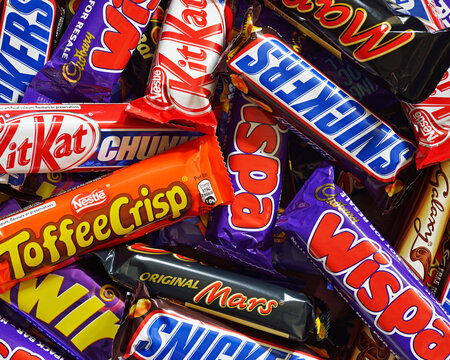 Chocolate bars, close up of assorted popular British confectionery products. June 17, 2024, United Kingdom