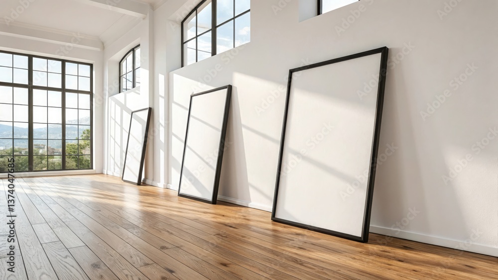 Poster bright, spacious room with empty frames against large windows, showcasing modern design and inviting