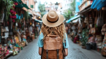 A woman with a backpack navigates through a vibrant market scene, encapsulating the spirit of adventure, curiosity, and exploration wrapped in colorful sights and local culture.