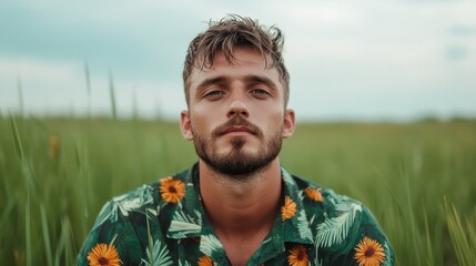 A confident young man poses amidst tall grass, wearing a vibrant floral shirt, exuding a relaxed, carefree vibe that resonates with the beauty of nature and summer days.