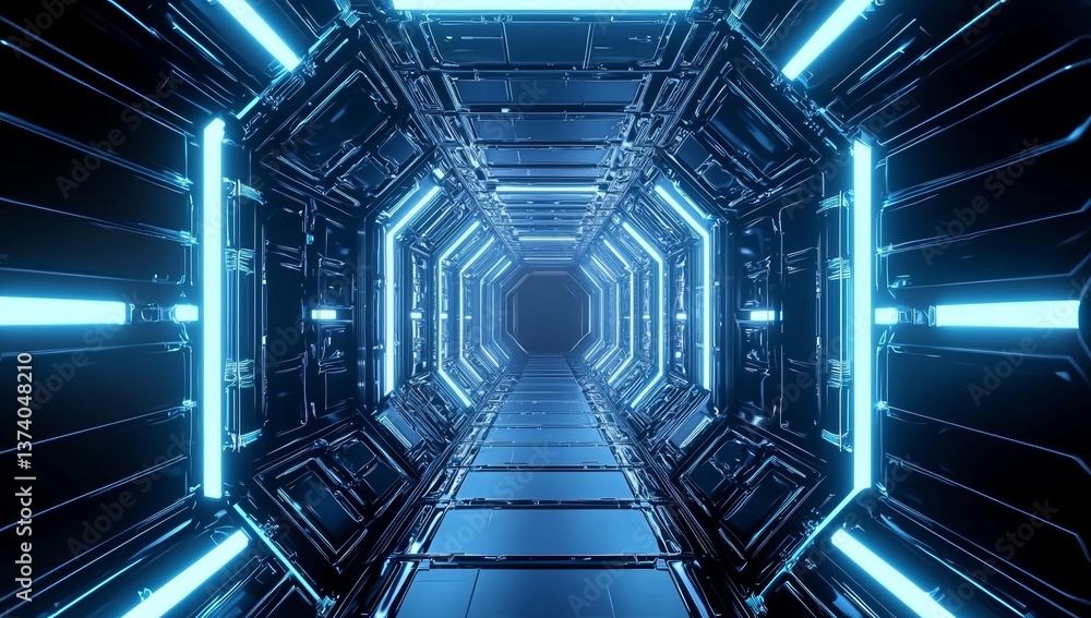 Poster a three-dimensional representation of a futuristic corridor with bright features is displayed