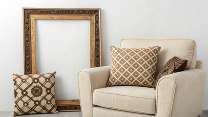 Cozy living room setup featuring a stylish armchair and decorative pillows, ideal for comfort and relaxation in any home. Copy space, commercial use