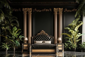 A futuristic hotel room boasts a luxury dark brown bed surrounded by sleek furniture in a sophisticated black and gold color scheme and illuminated by elegant lamps
