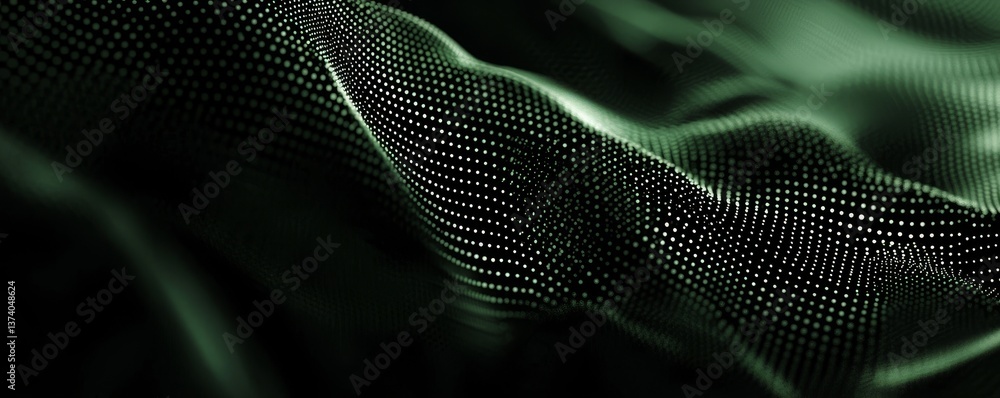 Poster an abstract green futuristic background serves as the setting for a digital dynamic wave of particle