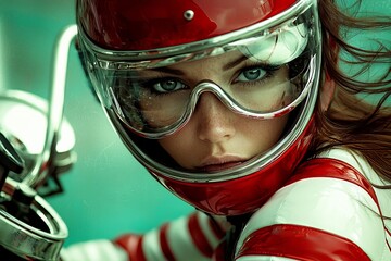 In this close-up image, a female pilot is seen wearing a red and white helmet with a retro-futuristic style, along with goggles, while posing in front of a turquoise background