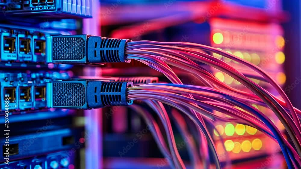 Aufkleber wires connect to a network switch in a server room illuminated by colorful led lights during nightti