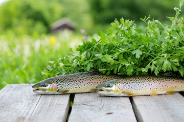 Bunch of green leafy herbs growing in raised bed planter under sunlight with vibrant color tone and garden aesthetic concept for plant based lifestyle herbal gardening and nature wallpaper