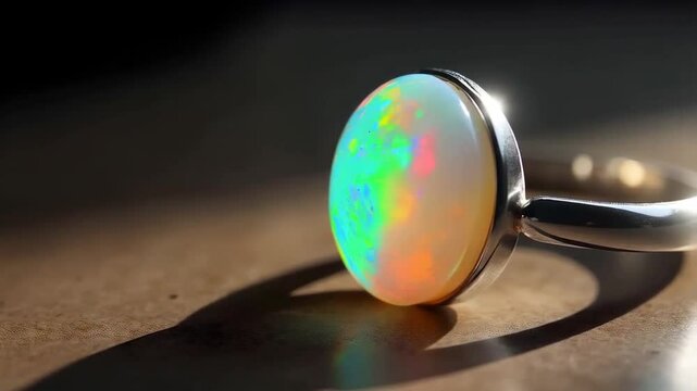 A close up of an opal ring isolated on a plain background