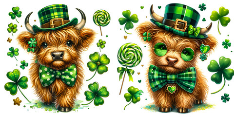 Baby Highland cow with long, shaggy fur, wearing a green plaid top hat surrounded by clovers and lollipops. Watercolor clipart illustration isolated on a white background