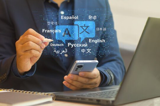 DSC_0605.3.1.68 Multilingual language translation technology is an automatic translation system concept. Translate on the mobile app, worldwide language conversation, speaking, and chat