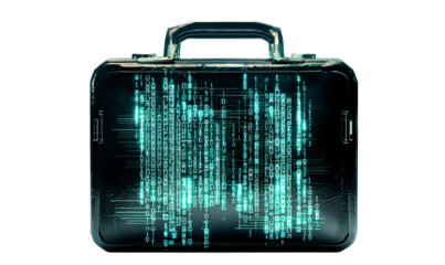 Digital Briefcase with Glitching Binary Code Isolate on Transparent Background, cutout, png
