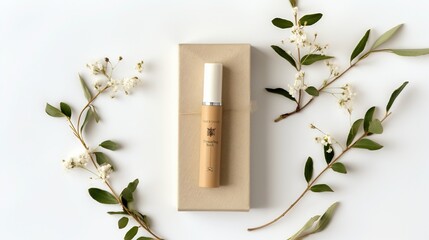 Eco-friendly bamboo lipstick tube in recycled pulp box packaging, minimalist flat lay composition, sustainable cosmetics design concept, green marketing and environmentally conscious consumers.