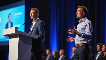 Two Men Speaking at a Conference, One at a Podium, Gesturing to Audience. Pitching to an audience.