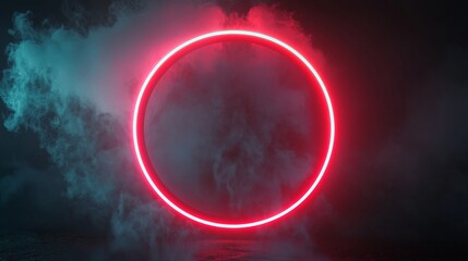 A dynamic and futuristic visual effect is achieved through the combination of a dark background, a prominent red circular shape, and surrounding blue and red smoke