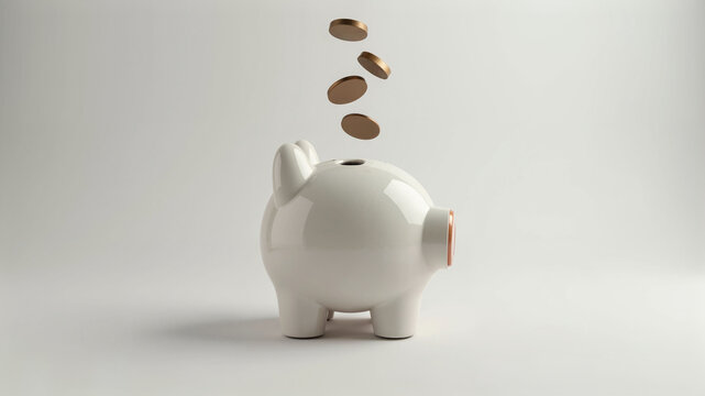 A pristine white piggy bank receives falling golden coins, symbolizing savings and finance. Saving for the future. Home deposit. Money problems.