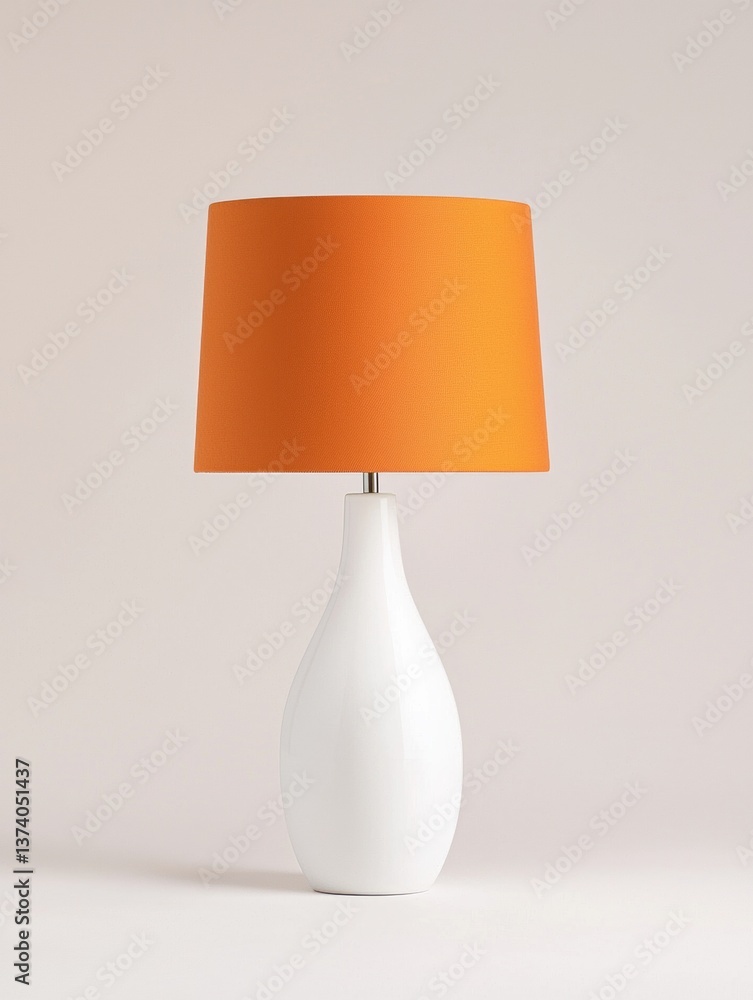Aufkleber the image is of a white table lamp with an orange lampshade. the lamp is in the shape of a teardrop 
