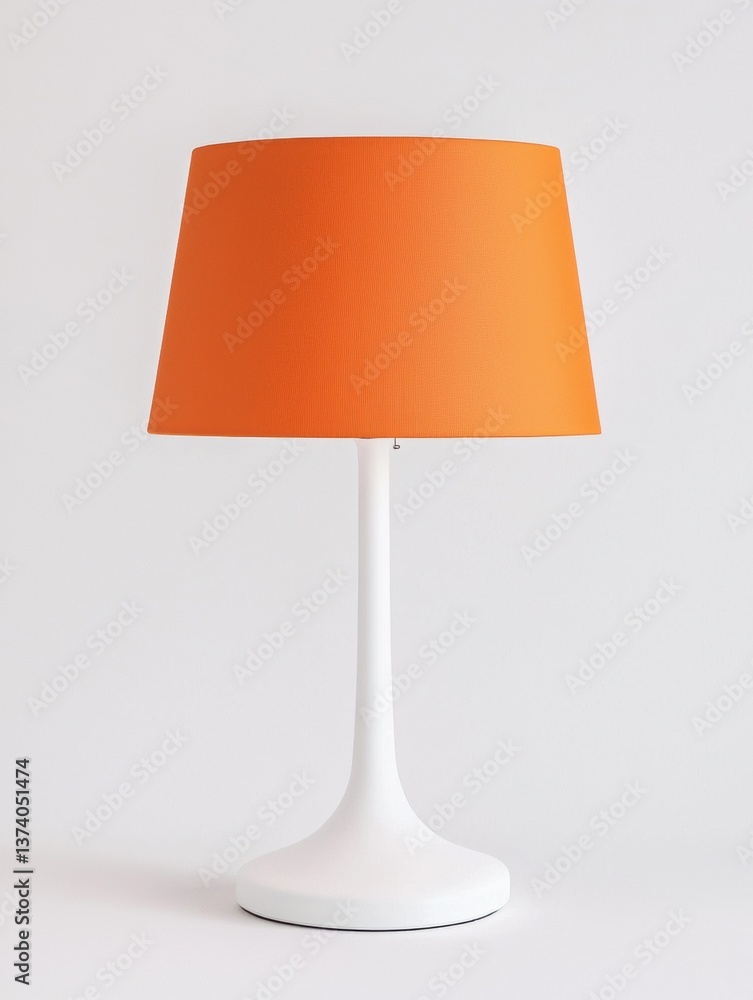 Poster the image is of a modern table lamp with an orange shade. the lamp has a white base with a curved sh