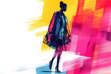 Fototapeta premium Woman is walking in a colorful background. A woman in a dress