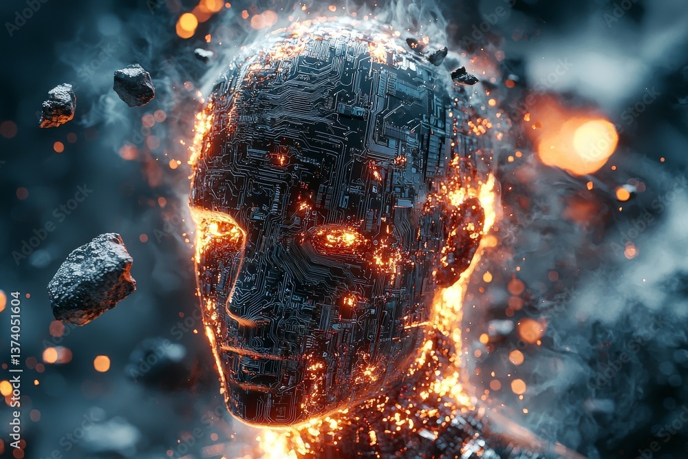 Poster a partially disintegrating digital face with radiant components, embodying the harmonious blend of h