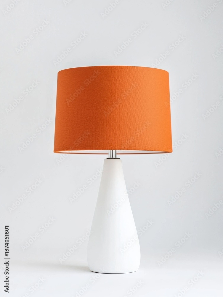 Poster the image is of a white table lamp with an orange lampshade. the lamp has a cone-shaped base with a 