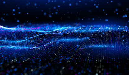 Cyber big data flow with bokeh particles represents a digital neural network, showcasing AI technology, machine learning, deep learning, and futuristic communication concepts.