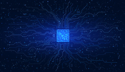 Technology background featuring a circuit board design, highlighting central computer processors CPU and digital motherboard chips, representing cutting-edge computing concepts.