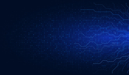 Abstract AI circuit board background with connected blue lines, electronic elements, and a motherboard featuring a chip, processor, and semiconductor for cutting-edge digital concepts.