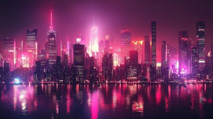 Fototapeta premium The neon portrayal of a cityscape envisioning a futuristic urban world is characterized by illuminated skyscrapers and dynamic light displays