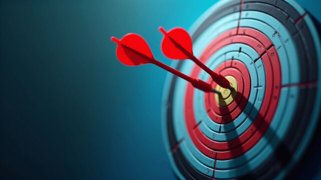 A vibrant 3D rendering of a dartboard with two red darts hitting the target. Successful in business. Successful strategy. Hitting targets. Achieving goals.