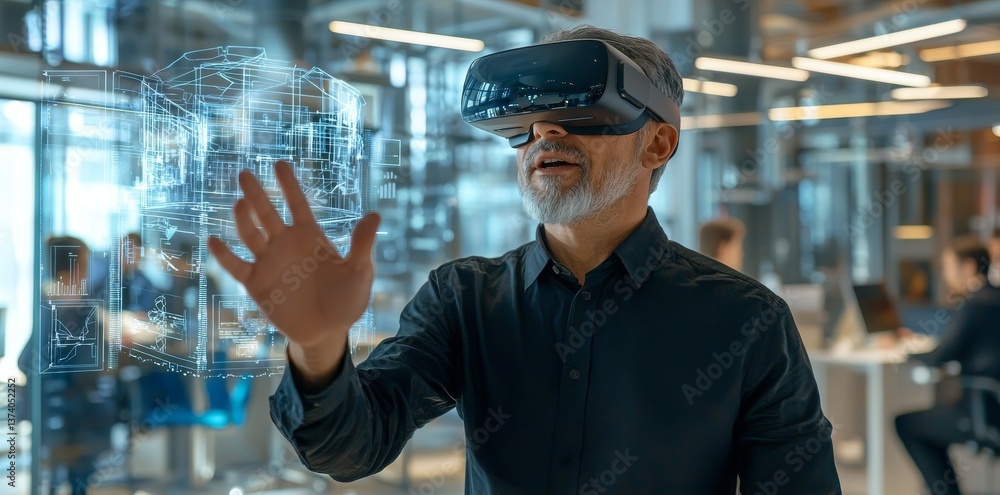 Poster an engineer is using a virtual reality headset to create advanced 3d models and prototypes