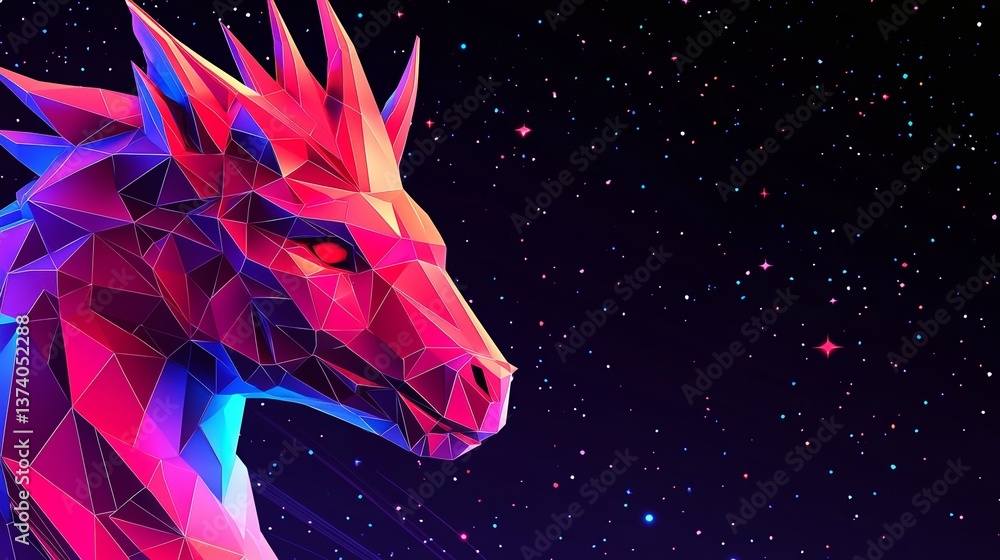 Poster a futuristic dragon is formed using glowing lines that are polygonal in shape