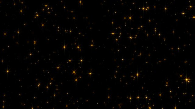 Abstract loop animation flickering glow gold star particles flying on black background. 4K 3D seamless looping gold bokeh particles dust fly in the air