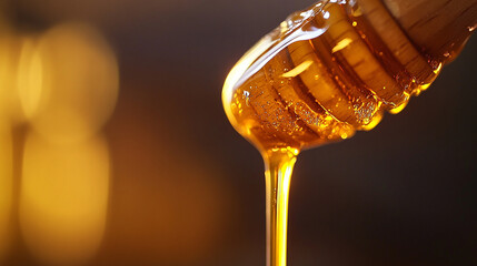 Close-up of honey dripping from a wooden dipper