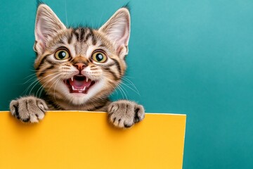 Kitten signage ad. &ETH;&iexcl;ute cat donskoy hold in front paws a concept - large yellow drive sign. Isolated ad with cat. Commercial kitten photo. Isolated kitty on a solid outfit green background.