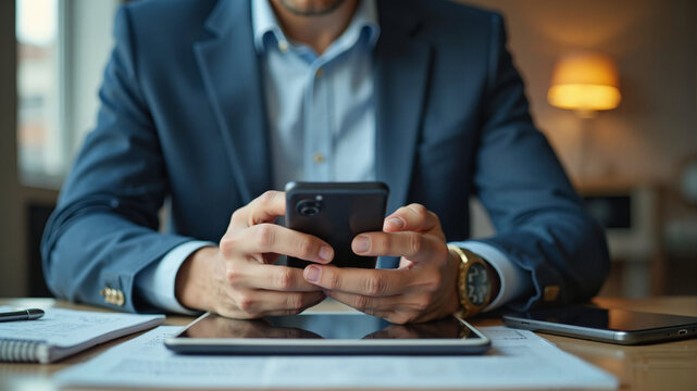A business professional intently uses a smartphone while sitting at a desk with a tablet. - Powered by Adobe