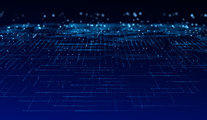 Futuristic network design featuring dotted grid patterns. Wide-angle blue perspective landscape with interconnected points. Dynamic 3D layout showcasing big data and advanced digital concepts.