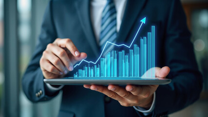 Business professional analyzing financial growth data on a digital tablet with a rising graph. Profits and growth.