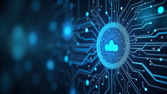 Futuristic digital cloud network with glowing lines, dots, and a central cloud icon. Cybersecurity.