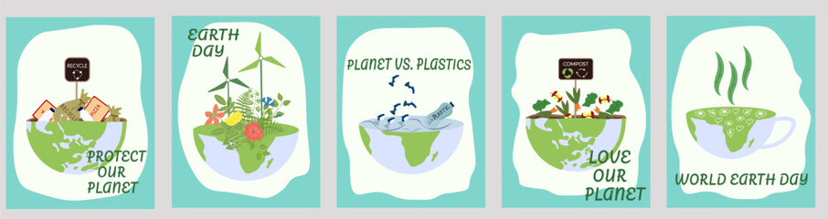 Naklejka premium Set of eco-friendly posters promoting Earth Day, sustainability, and environmental protection. Includes recycling, composting, renewable energy, and plastic waste reduction. Perfect for campaigns and 