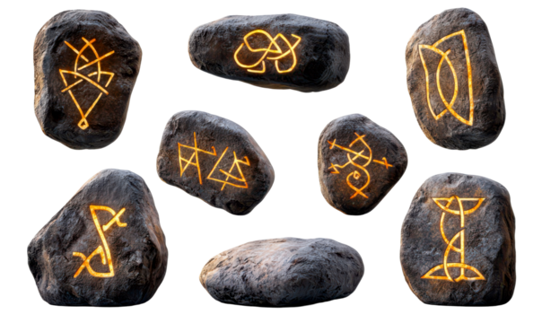Set of Ancient Floating Rune Stones with Mysterious Ornaments Isolate on Transparent Background, cutout, png