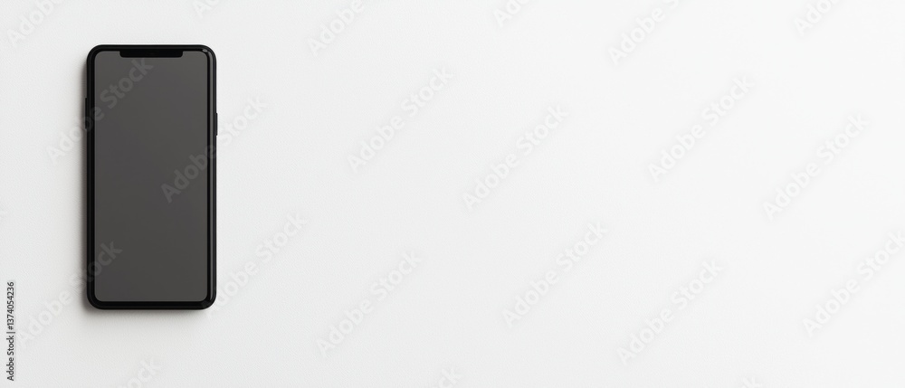 Poster flat lay of a black smartphone on a white background. the phone is positioned in the center of the i